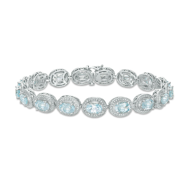 Main Image 1 of Oval Sky Blue Topaz and Diamond Accent Beaded Frame Vintage-Style Bracelet in Sterling Silver - 7.25"