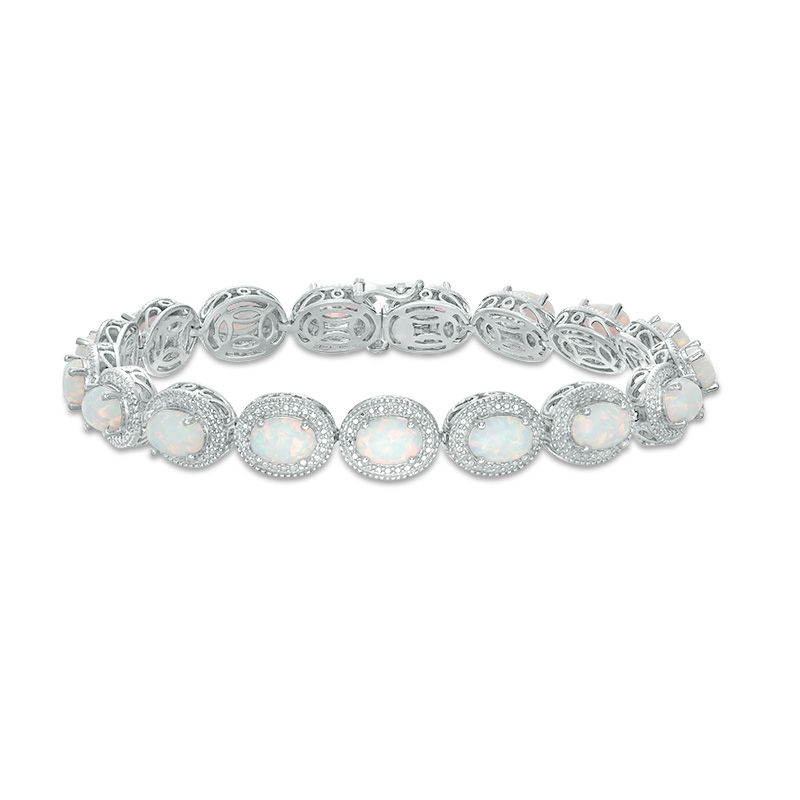 Oval Lab-Created Opal and Diamond Accent Beaded Frame Vintage-Style Bracelet in Sterling Silver - 7.25"