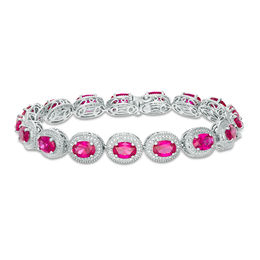 Oval Lab-Created Ruby and Diamond Accent Beaded Frame Vintage-Style Bracelet in Sterling Silver - 7.25&quot;