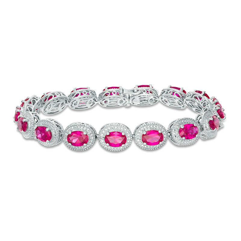 Oval Lab-Created Ruby and Diamond Accent Beaded Frame Vintage-Style Bracelet in Sterling Silver - 7.25"
