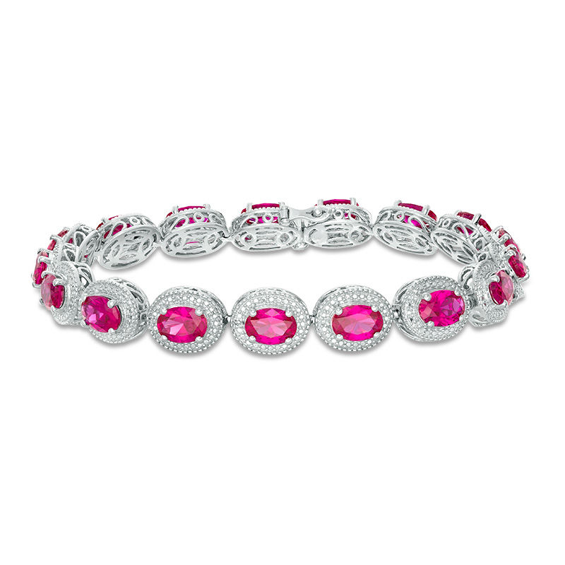 Main Image 1 of Oval Lab-Created Ruby and Diamond Accent Beaded Frame Vintage-Style Bracelet in Sterling Silver - 7.25"