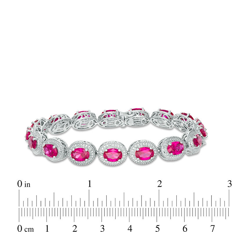 Oval Lab-Created Ruby and Diamond Accent Beaded Frame Vintage-Style Bracelet in Sterling Silver - 7.25"