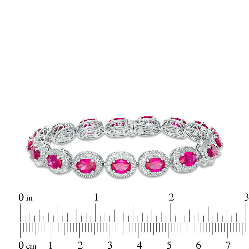 Main Image 2 of Oval Lab-Created Ruby and Diamond Accent Beaded Frame Vintage-Style Bracelet in Sterling Silver - 7.25"