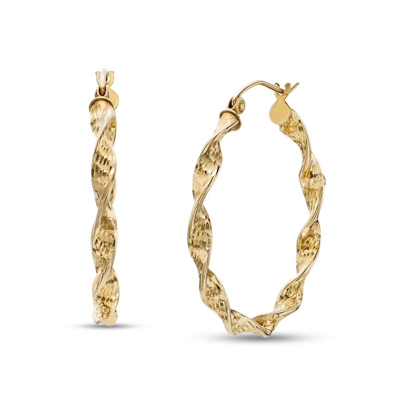 30.0 x 3.0mm Diamond-Cut Twisted Ribbon Tube Hoop Earrings in 10K Gold