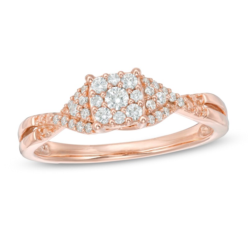 Main Image 1 of 1/4 CT. T.W. Composite Diamond Cushion Tri-Sides Twist Shank Promise Ring in 10K Rose Gold
