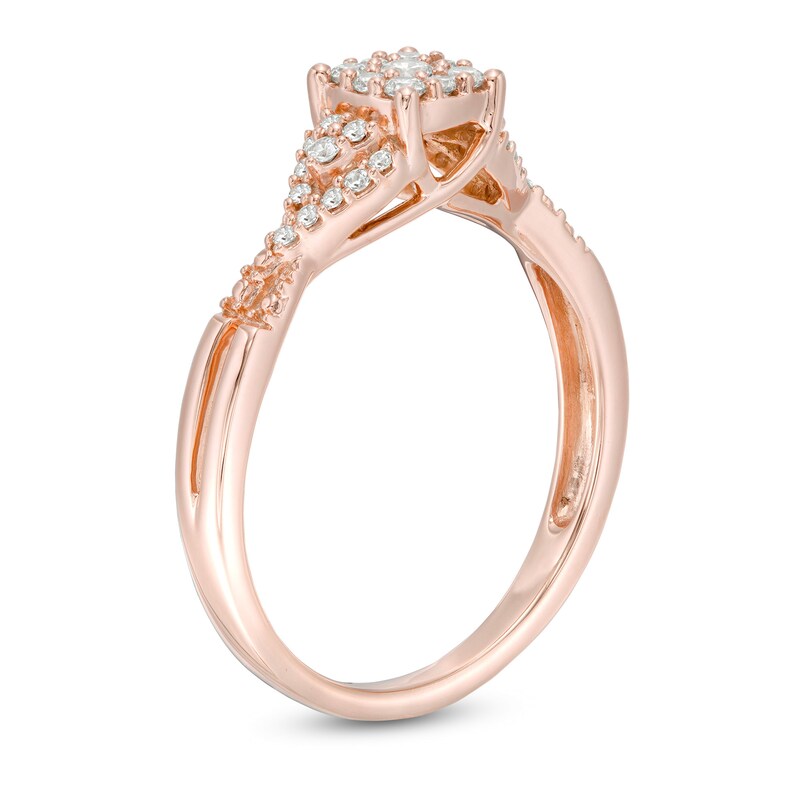 Main Image 2 of 1/4 CT. T.W. Composite Diamond Cushion Tri-Sides Twist Shank Promise Ring in 10K Rose Gold