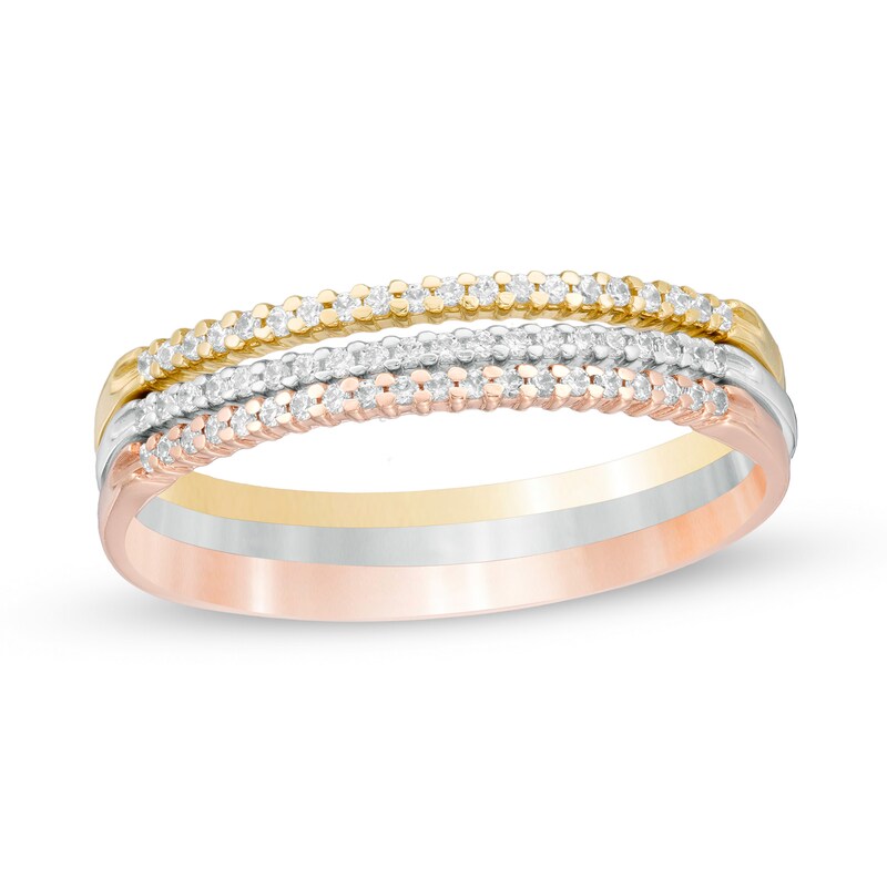 Main Image 1 of 1/6 CT. T.W. Diamond Stackable Band Set in 10K Tri-Tone Gold