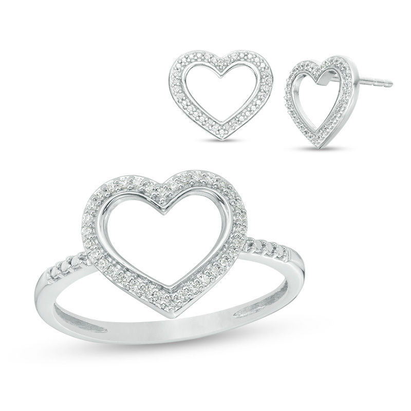 Main Image 1 of 1/5 CT. T.W. Diamond Heart Outline Stud Earrings and Ring Set in Sterling Silver - Size 7