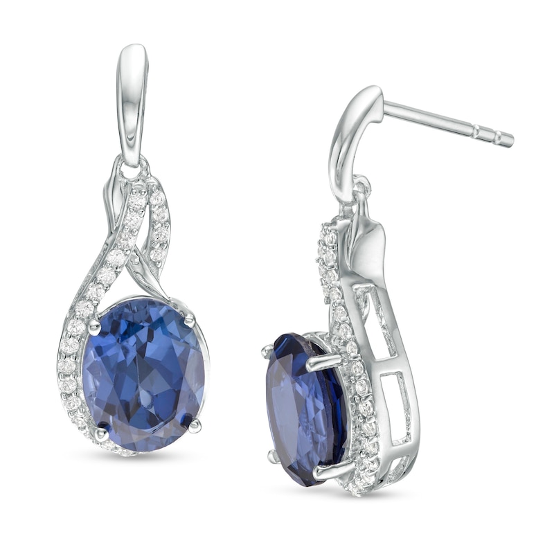 Oval Lab-Created Ceylon and White Sapphire Swirl Drop Earrings in Sterling Silver