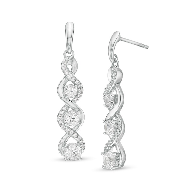 Main Image 1 of Lab-Created White Sapphire Linear Three Stone Cascading Drop Earrings in Sterling Silver