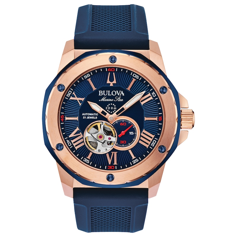 Main Image 1 of Men's Bulova Marine Star Automatic Rose-Tone Strap Watch with Blue Skeleton Dial (Model: 98A227)