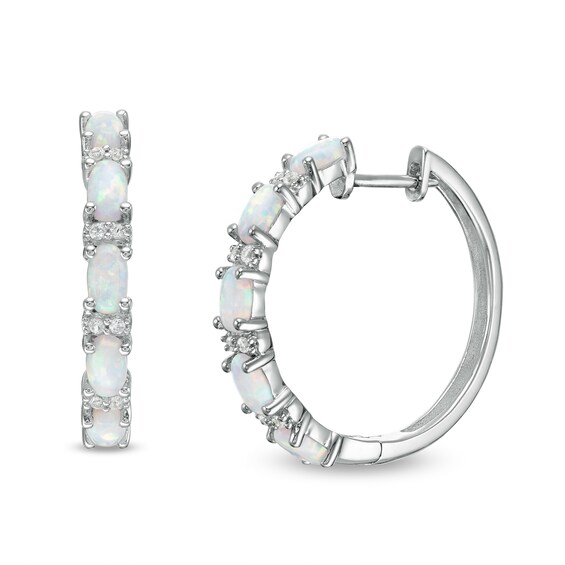 Oval Lab-Created Opal and White Sapphire Duo Alternating Hoop Earrings in Sterling Silver Oval Lab-Created Opal and White Sapphire Duo Alternating Hoop Earrings in Sterling Silver