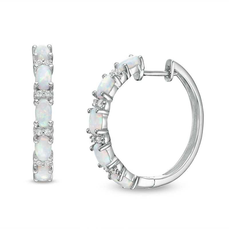 Oval Lab-Created Opal and White Sapphire Duo Alternating Hoop Earrings in Sterling Silver