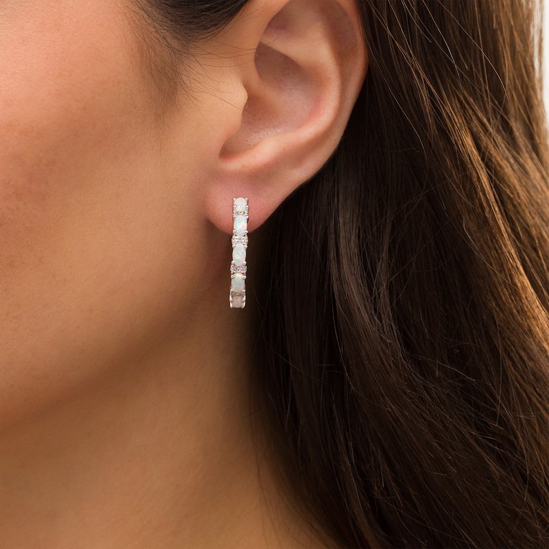 Oval Lab-Created Opal and White Sapphire Duo Alternating Hoop Earrings in Sterling Silver