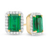 Thumbnail Image 0 of Emerald-Cut Lab-Created Emerald and White Sapphire Octagonal Frame Stud Earrings in Sterling Silver with 14K Gold Plate