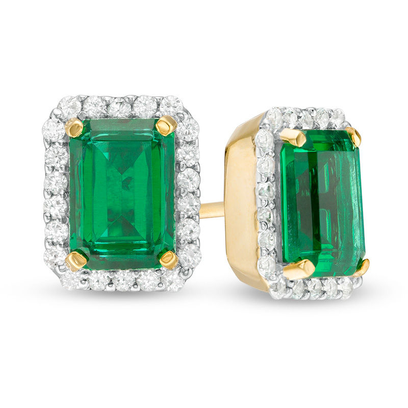 Main Image 1 of Emerald-Cut Lab-Created Emerald and White Sapphire Octagonal Frame Stud Earrings in Sterling Silver with 14K Gold Plate