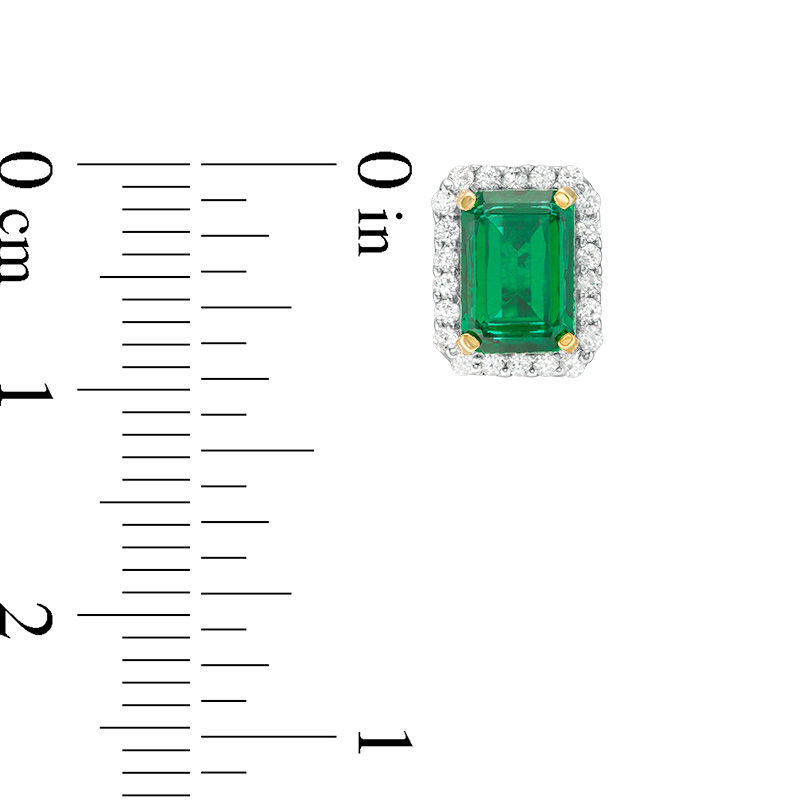 Emerald-Cut Lab-Created Emerald and White Sapphire Octagonal Frame Stud Earrings in Sterling Silver with 14K Gold Plate