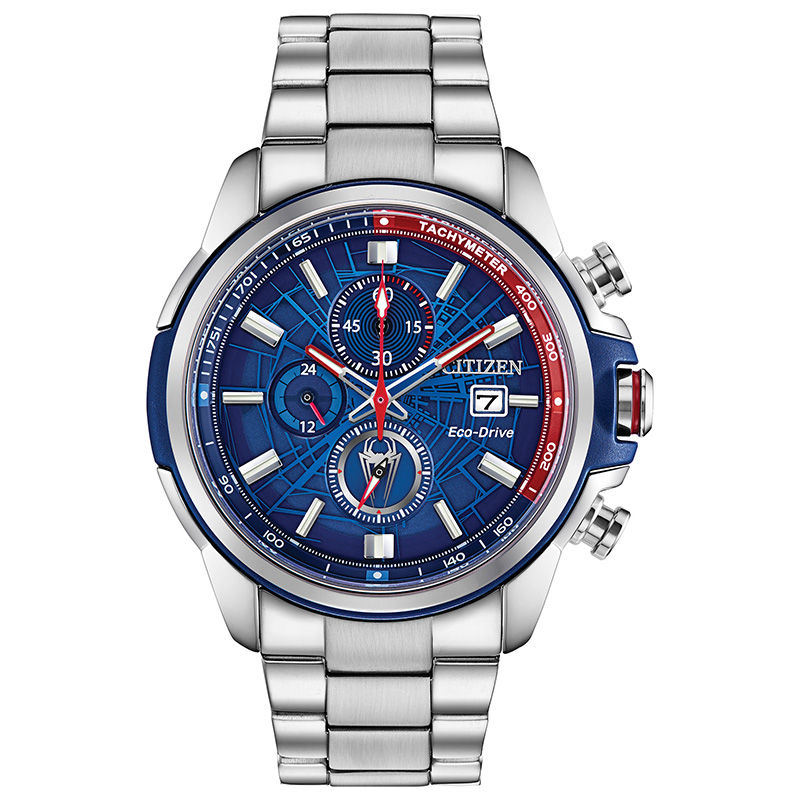 Men's Citizen Eco-Drive® Spider-Man Chronograph Two-Tone Watch with Blue Dial (Model: CA0429-53W)