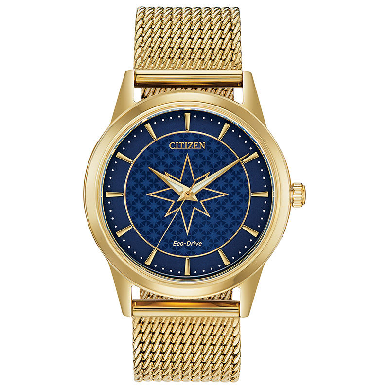 Ladies' Citizen Eco-Drive® Captain Marvel Gold-Tone Mesh Watch with Blue Dial (Model: FE7062-51W)