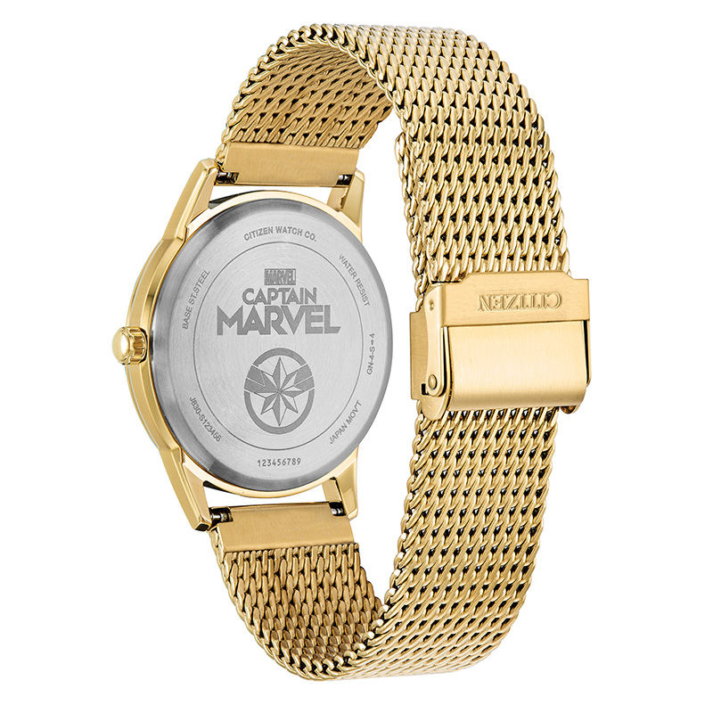 Ladies' Citizen Eco-Drive® Captain Marvel Gold-Tone Mesh Watch with Blue Dial (Model: FE7062-51W)