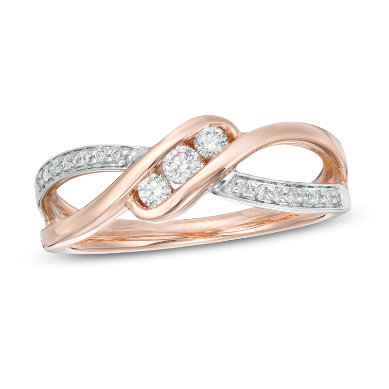 Main Image 1 of 1/5 CT. T.W. Diamond Three Stone Bypass Ring in 10K Two-Tone Gold