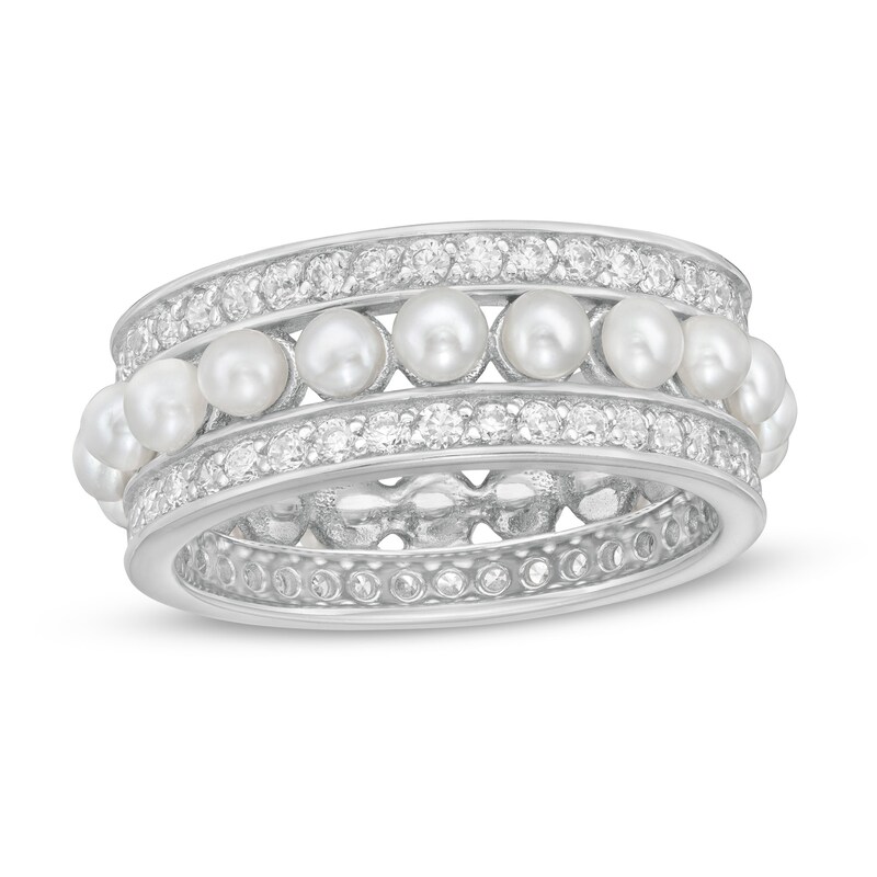 Main Image 1 of 2.0-3.0mm Button Freshwater Cultured Pearl and White Lab-Created Sapphire Triple Row Ring in Sterling Silver-Size 7