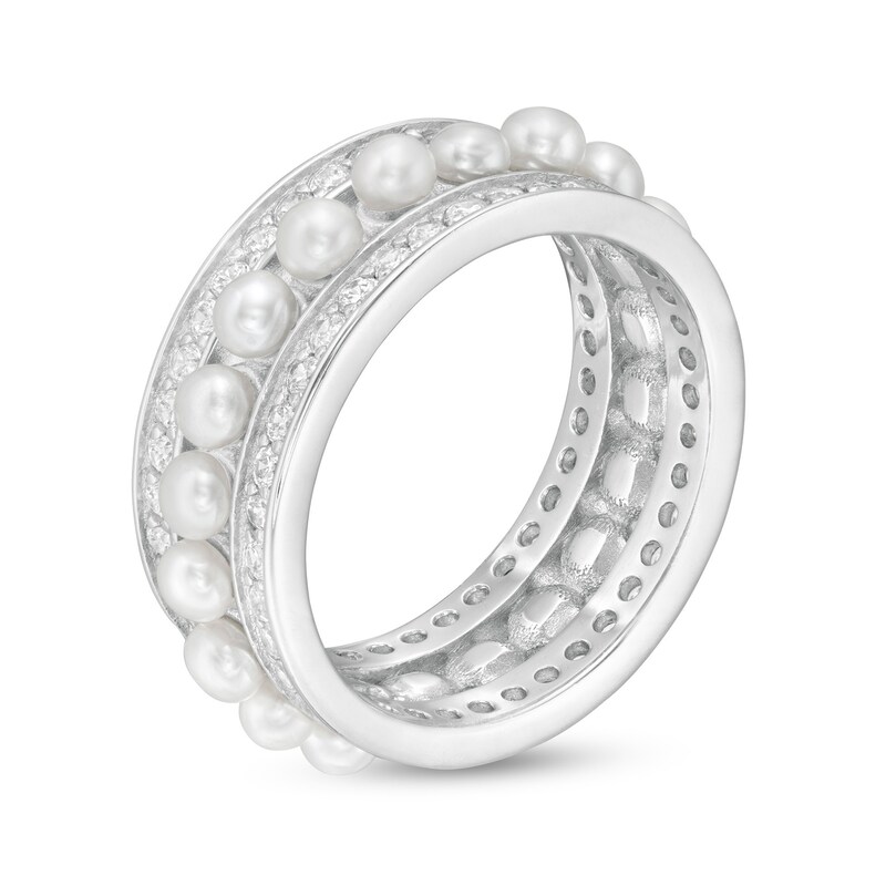 Main Image 3 of 2.0-3.0mm Button Freshwater Cultured Pearl and White Lab-Created Sapphire Triple Row Ring in Sterling Silver-Size 7