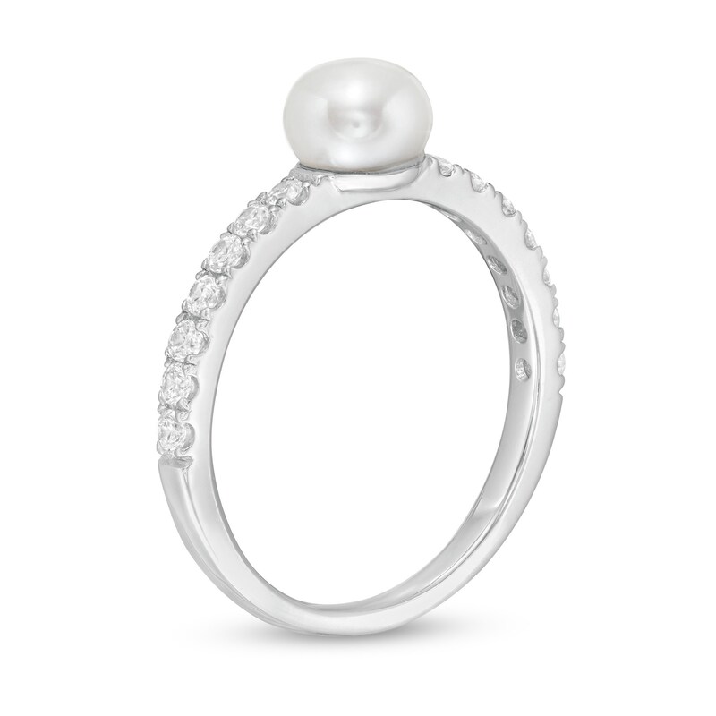 Main Image 3 of 7.0-8.0mm Button Freshwater Cultured Pearl and White Lab-Created Sapphire Ring in Sterling Silver