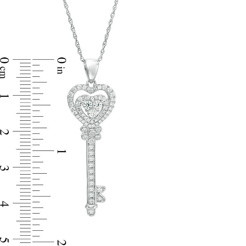 Main Image 3 of Lab-Created White Sapphire Heart-Top Key Pendant in Sterling Silver