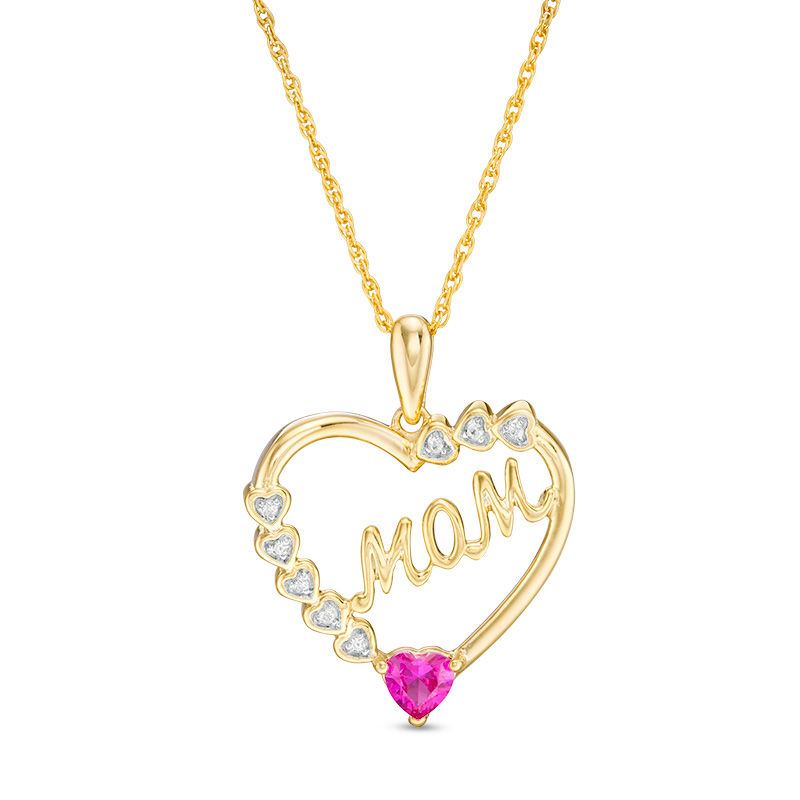 4.0mm Lab-Created Ruby and White Sapphire Stacked Design "MOM" Heart Pendant in Sterling Silver with 14K Gold Plate