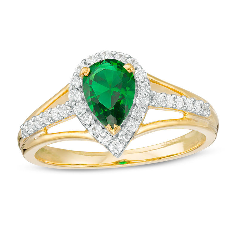 Pear-Shaped Lab-Created Emerald and White Sapphire Frame Triple Row Ring in Sterling Silver with 14K Gold Plate