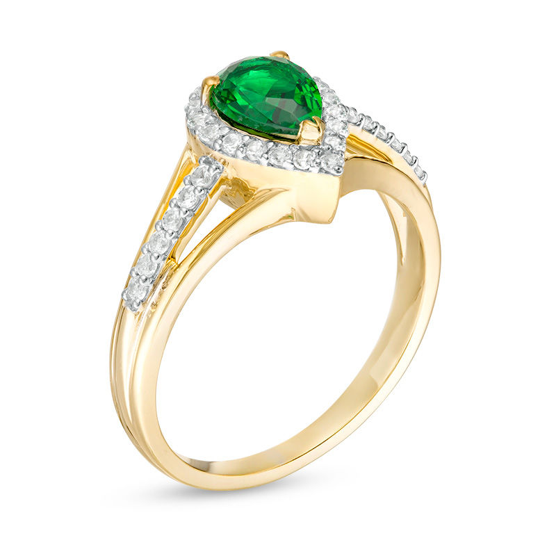 Pear-Shaped Lab-Created Emerald and White Sapphire Frame Triple Row Ring in Sterling Silver with 14K Gold Plate