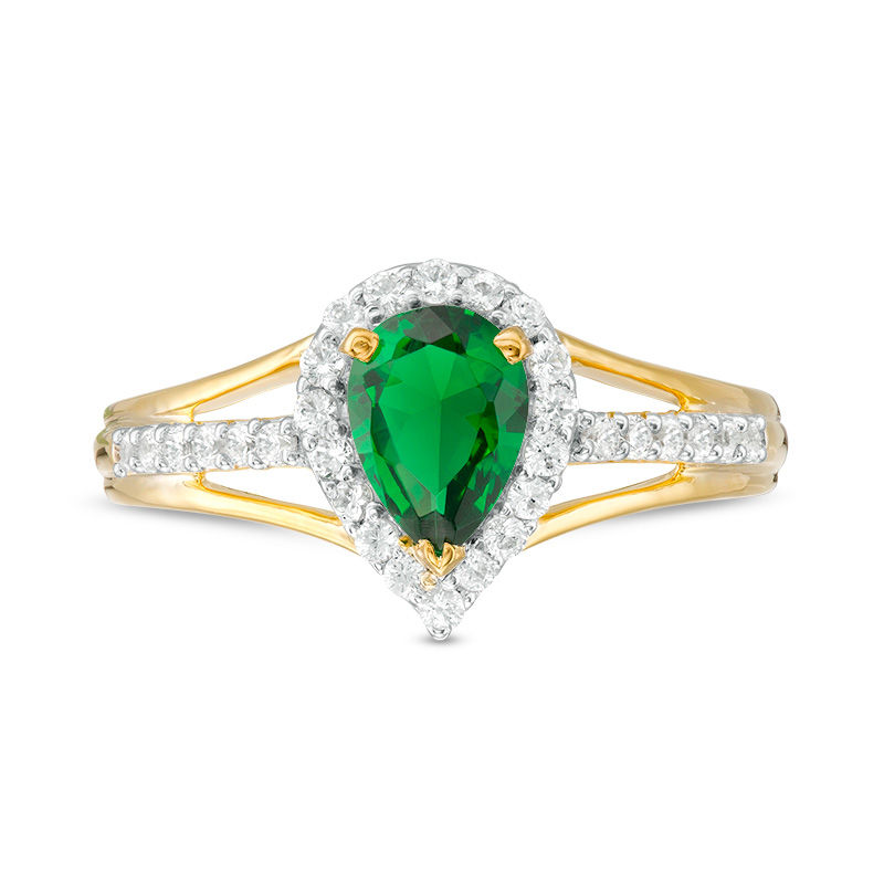 Pear-Shaped Lab-Created Emerald and White Sapphire Frame Triple Row Ring in Sterling Silver with 14K Gold Plate