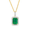 Thumbnail Image 1 of Emerald-Cut Lab-Created Emerald and White Sapphire Octagonal Frame Drop Pendant in Sterling Silver with 14K Gold Plate