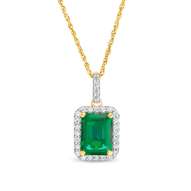 Emerald-Cut Lab-Created Emerald and White Sapphire Octagonal Frame Drop Pendant in Sterling Silver with 14K Gold Plate