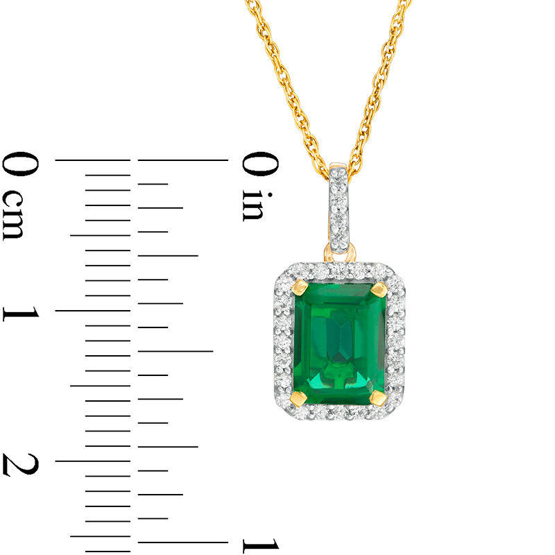 Emerald-Cut Lab-Created Emerald and White Sapphire Octagonal Frame Drop Pendant in Sterling Silver with 14K Gold Plate