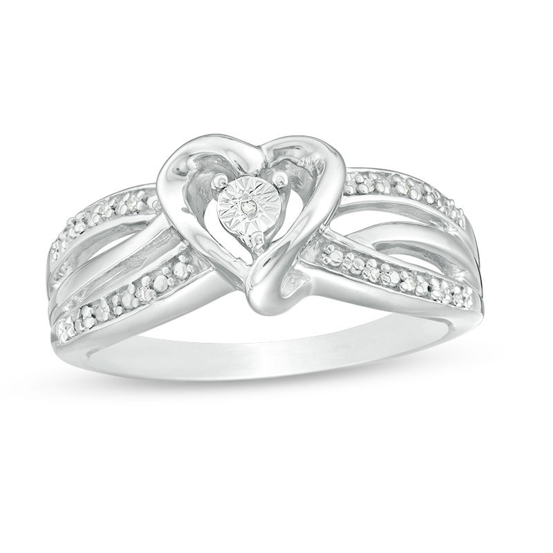 Diamond Accent Bead Heart Frame Swirling Triple Row Split Shank Ring in Sterling Silver