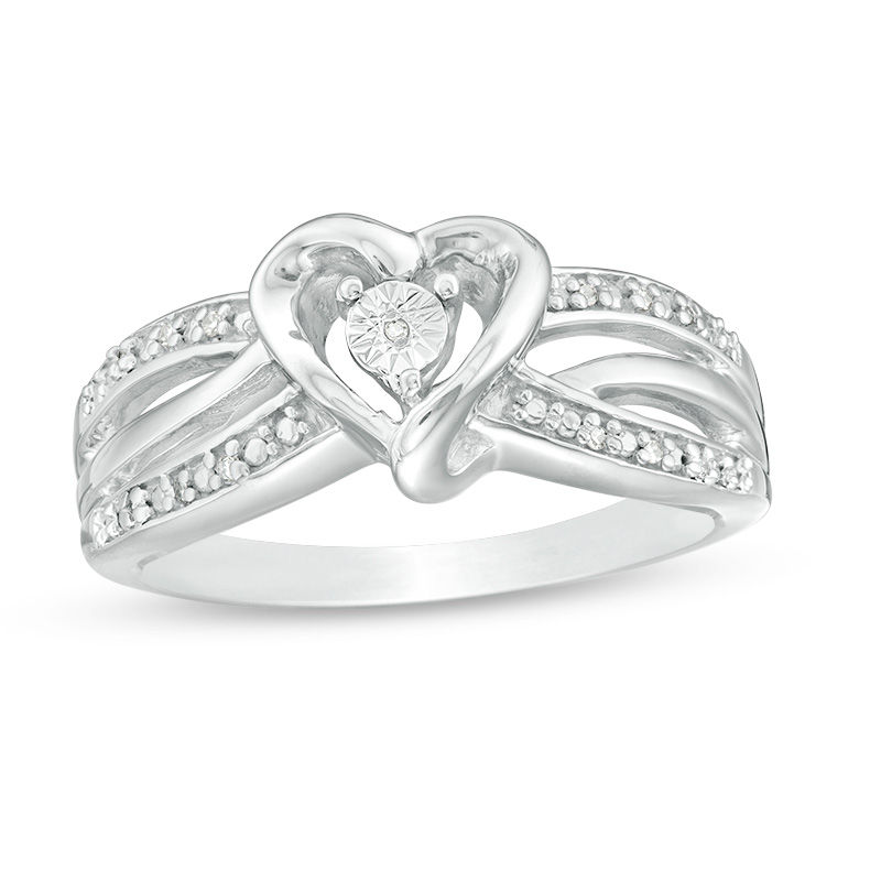 Main Image 1 of Diamond Accent Bead Heart Frame Swirling Triple Row Split Shank Ring in Sterling Silver