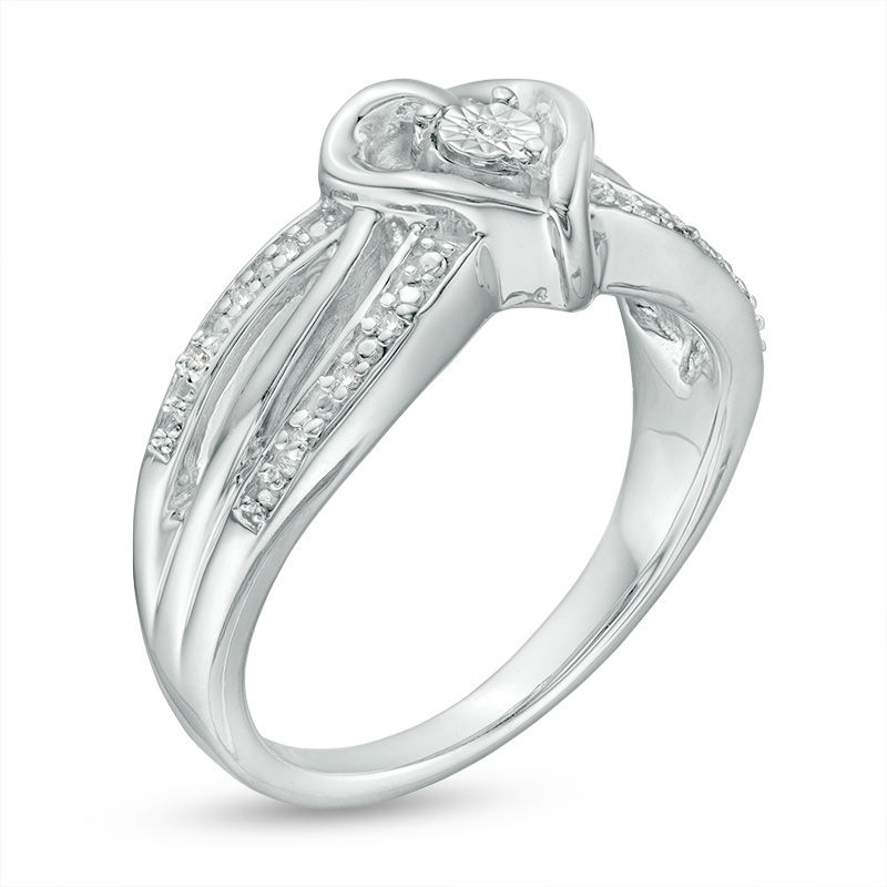 Diamond Accent Bead Heart Frame Swirling Triple Row Split Shank Ring in Sterling Silver