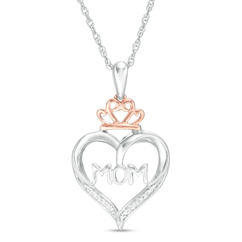 Diamond Accent "MOM" Heart Outline with Tiara Pendant in Sterling Silver and 10K Rose Gold