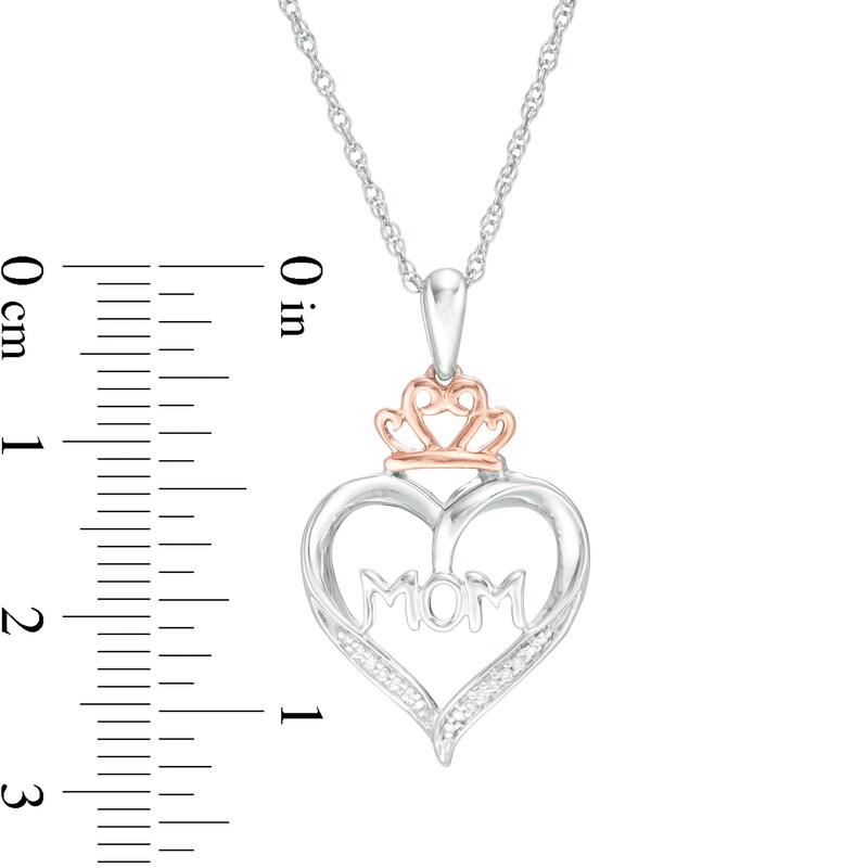 Diamond Accent "MOM" Heart Outline with Tiara Pendant in Sterling Silver and 10K Rose Gold