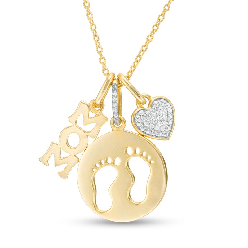 Main Image 1 of 1/20 CT. T.W. Diamond "MOM", Cut-Out Footprints Disc and Heart Charms Pendant in Sterling Silver with 14K Gold Plate