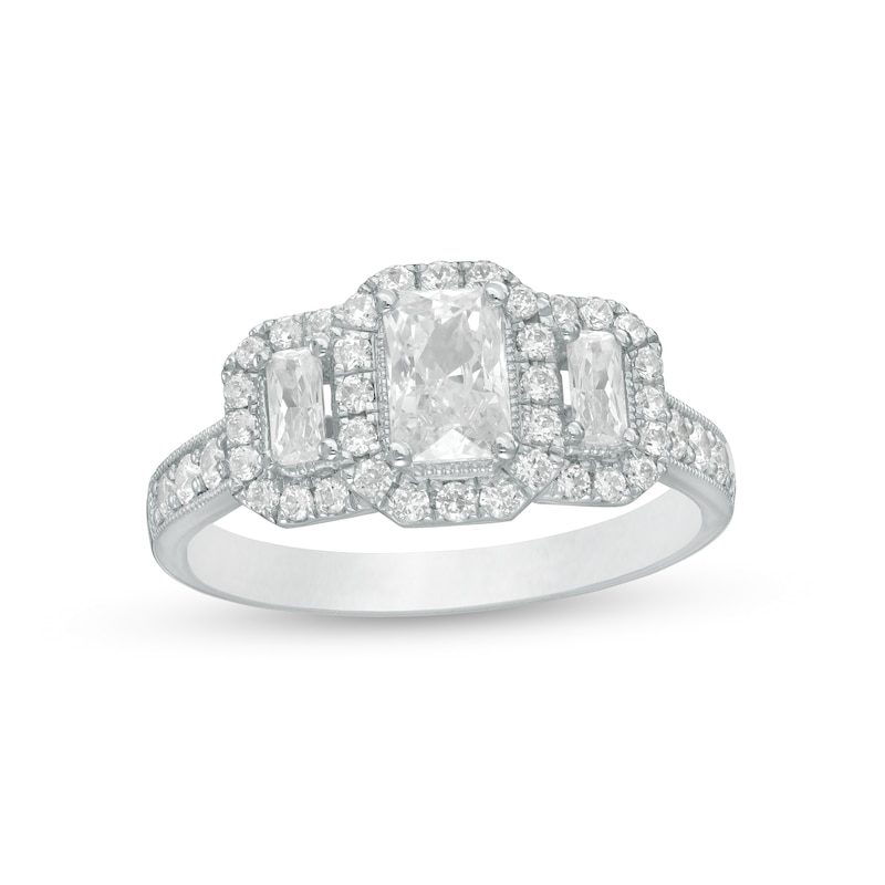 Main Image 1 of 1-1/2 CT. T.W. Certified Emerald-Cut Diamond Past Present Future® Vintage-Style Engagement Ring in 14K White Gold (I/SI2)