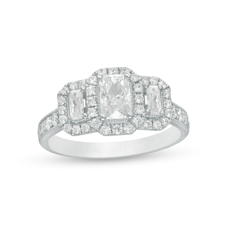 1-1/2 CT. T.W. Certified Emerald-Cut Diamond Past Present Future® Vintage-Style Engagement Ring in 14K White Gold (I/SI2)