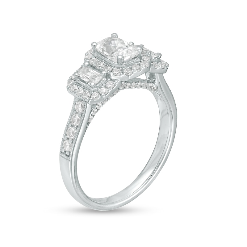Main Image 3 of 1-1/2 CT. T.W. Certified Emerald-Cut Diamond Past Present Future® Vintage-Style Engagement Ring in 14K White Gold (I/SI2)