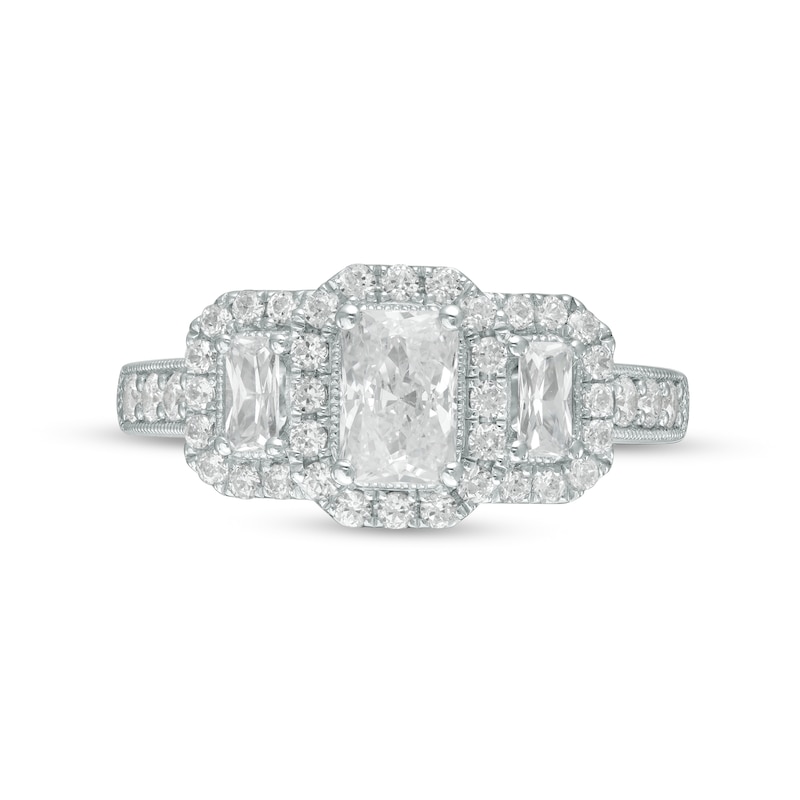 1-1/2 CT. T.W. Certified Emerald-Cut Diamond Past Present Future® Vintage-Style Engagement Ring in 14K White Gold (I/SI2)