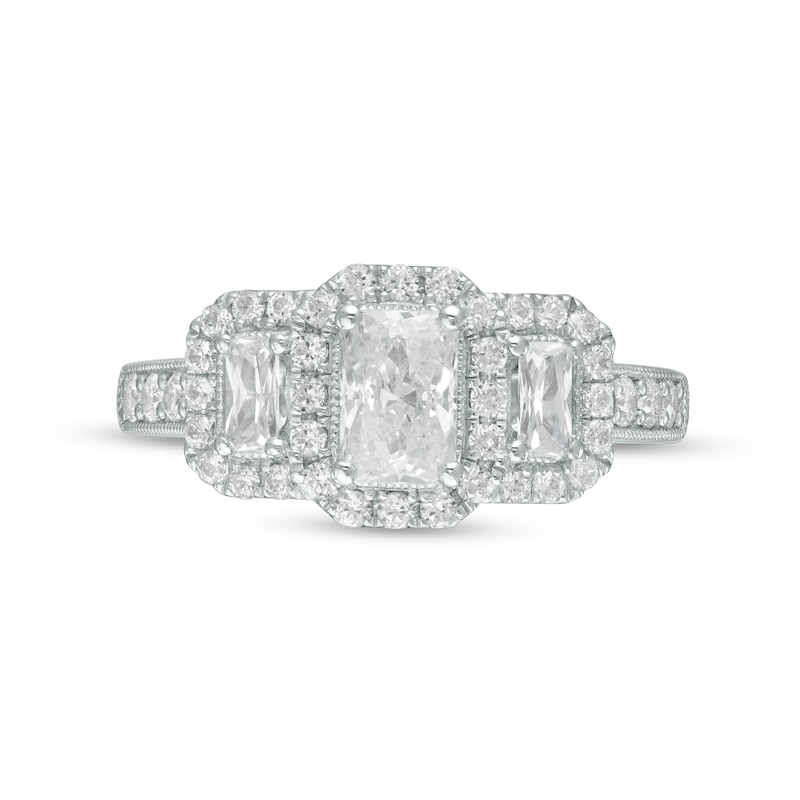 Main Image 4 of 1-1/2 CT. T.W. Certified Emerald-Cut Diamond Past Present Future® Vintage-Style Engagement Ring in 14K White Gold (I/SI2)