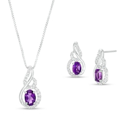 Oval Amethyst and White Lab-Created Sapphire Swirl Pendiant and Stud Earrings Set in Sterling Silver