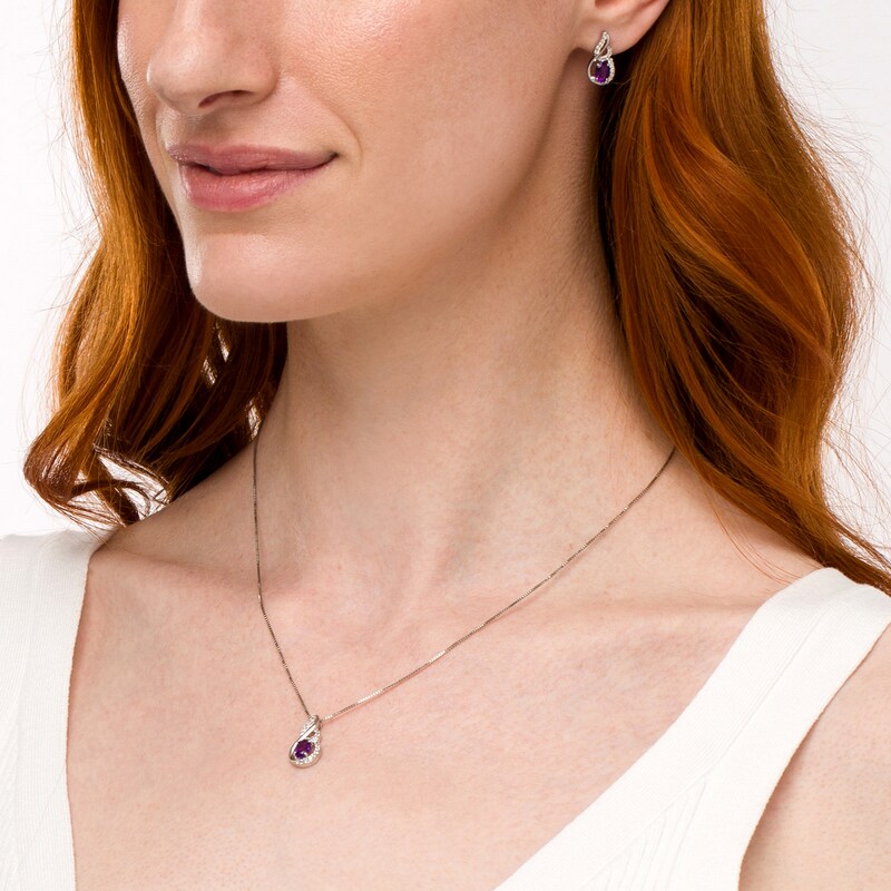 Main Image 2 of Oval Amethyst and White Lab-Created Sapphire Swirl Pendiant and Stud Earrings Set in Sterling Silver