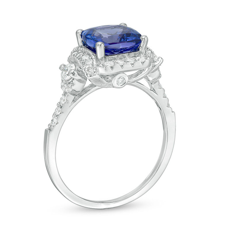 Main Image 3 of 8.0mm Cushion-Cut Tanzanite and 1/2 CT. T.W. Diamond Octagonal Frame Side Accent Ring in 14K White Gold